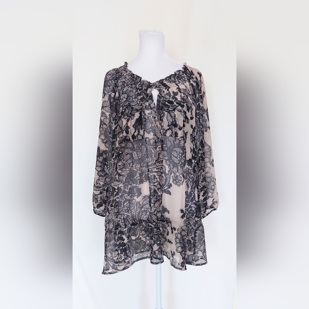 DKNY Semi Sheer Oversized Floral Print Blouse Shirt Top Beige Black Size XL